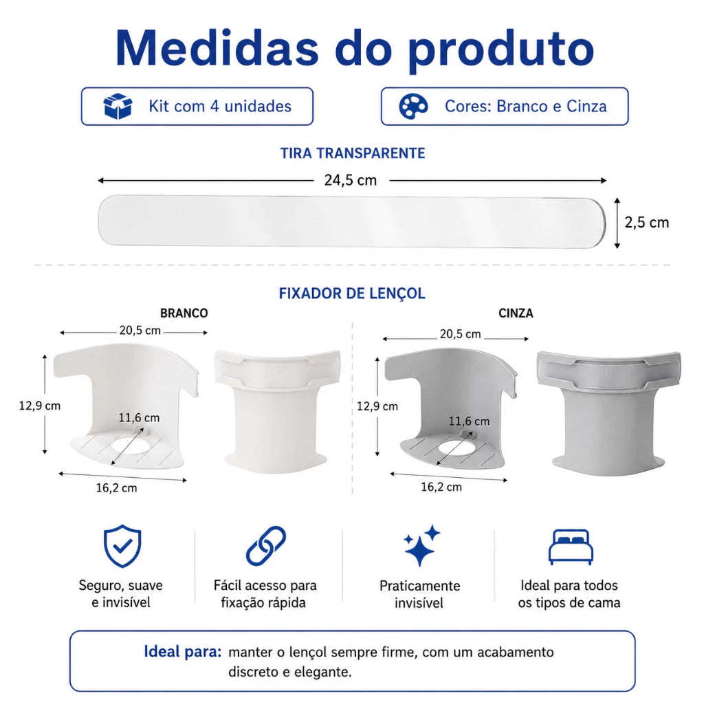 Medidas do fixador para lençol e da tira transparente
