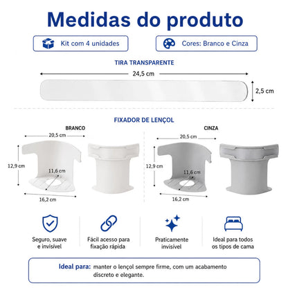 Medidas do fixador para lençol e da tira transparente