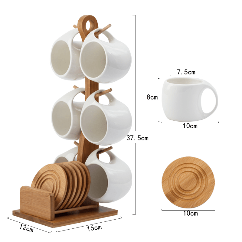 Jogo de Xícaras com Pires e Suporte em Bamboo - Cozinha - café, cantinho do café, cantinhodocafe, conjunto de xícaras, cozinha, fofurinhas, mesa posta, mesaposta, porcelana, utilidade, xícara, xícaras - Casa Mefyto - Jogo de Xícaras com Pires e Suporte em Bamboo