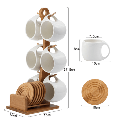 Jogo de Xícaras com Pires e Suporte em Bamboo - Cozinha - café, cantinho do café, cantinhodocafe, conjunto de xícaras, cozinha, fofurinhas, mesa posta, mesaposta, porcelana, utilidade, xícara, xícaras - Casa Mefyto - Jogo de Xícaras com Pires e Suporte em Bamboo