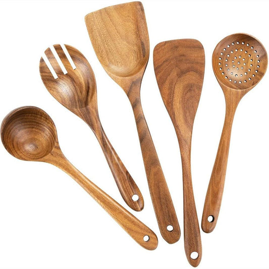 Conjunto 5 Utensílios de Cozinhas em Madeira Natural - Cozinha - cozinha, utensílios - Casa Mefyto - Conjunto 5 Utensílios de Cozinhas em Madeira Natural